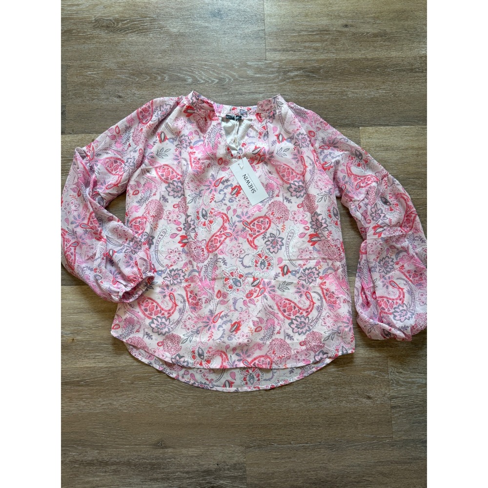 Shewin Womens Pink Paisley Print Split V-Neck Balloon Sleeve Blouse NWT Small